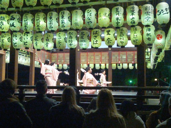More kimonos, this time in action at the spring festival dance in Kyoto's temple district.